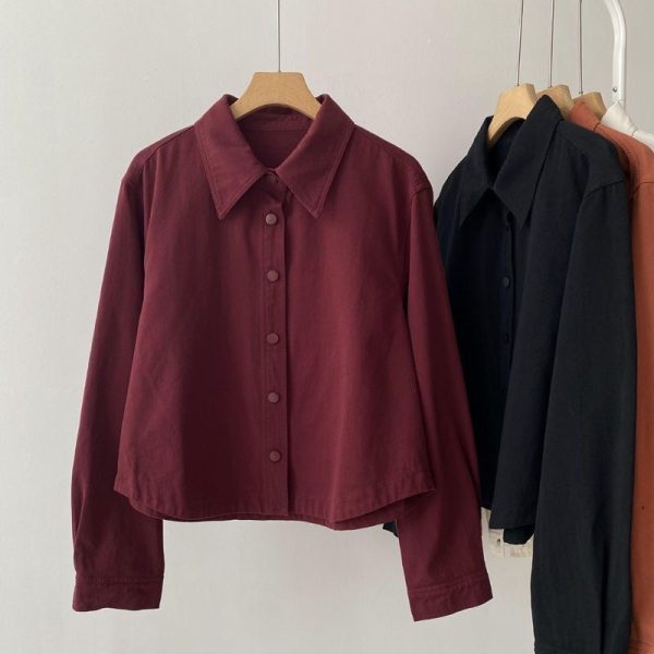 Thick Shirt Women Shirt Simple Casual Blouse Korean Style Slimming - Red