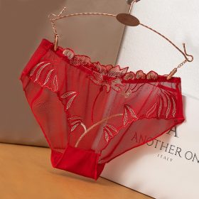 Mesh Women Panties Lace Embroidery Ultra-Thin Seamless Breathable Pure Cotton Lining Charming Sexy - Red