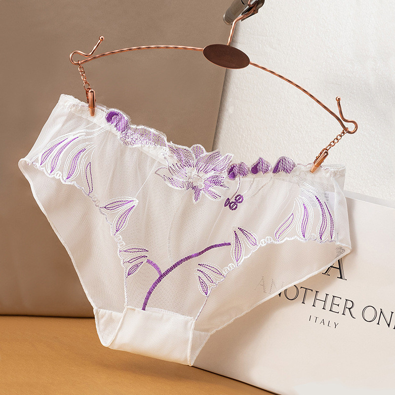 Mesh Women Panties Lace Embroidery Ultra-Thin Seamless Breathable Pure Cotton Lining Charming Sexy - White - Image 1