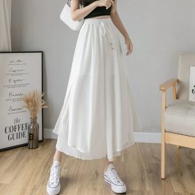 Women Long Pants Chiffon Wide Leg Pants High Waist Draped Bootcut Palazzo Pants - White