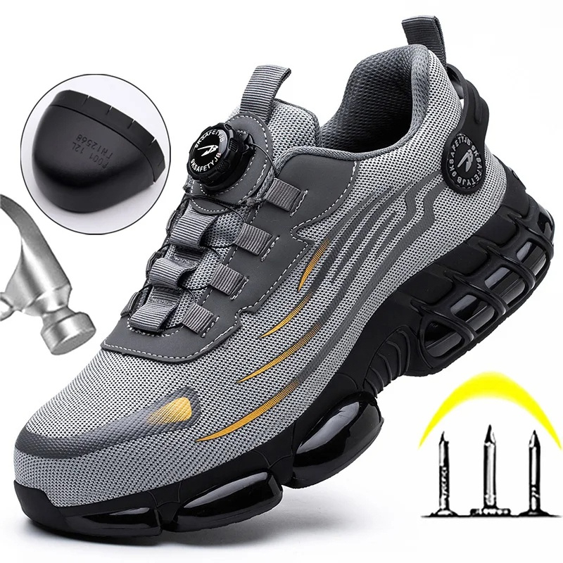 Rotating Button New Safety Shoes Men Anti-smash Anti-puncture Work Shoes Fashion Men Sport Shoes Security Protective Boots Men - Grey - Image 7