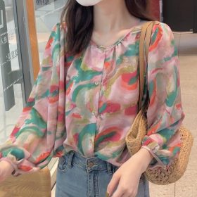 Blouse Women New Style Korean Version Floral Long-Sleeved Ladies Chiffon Shirt - Pink Design
