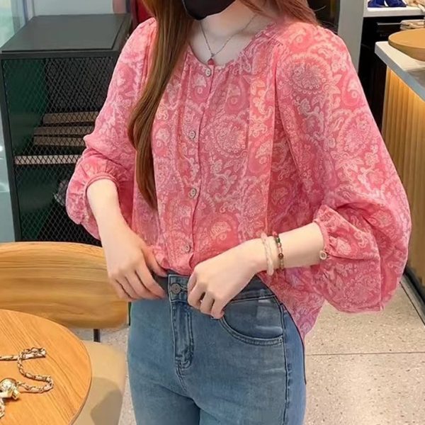 Blouse Women New Style Korean Version Floral Long-Sleeved Ladies Chiffon Shirt - Pink