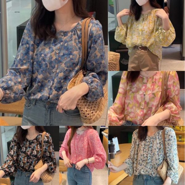 Blouse Women New Style Korean Version Floral Long-Sleeved Ladies Chiffon Shirt - Yellow Floral
