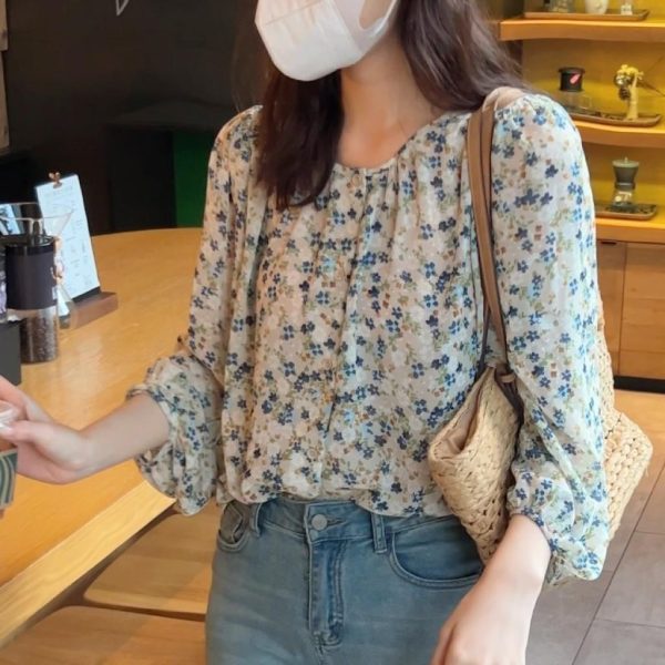 Blouse Women New Style Korean Version Floral Long-Sleeved Ladies Chiffon Shirt - White Floral