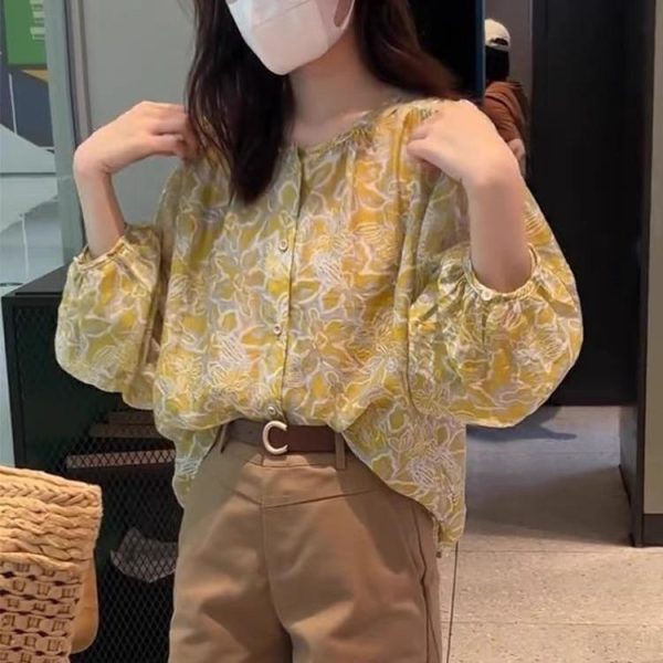 Blouse Women New Style Korean Version Floral Long-Sleeved Ladies Chiffon Shirt - Yellow Floral