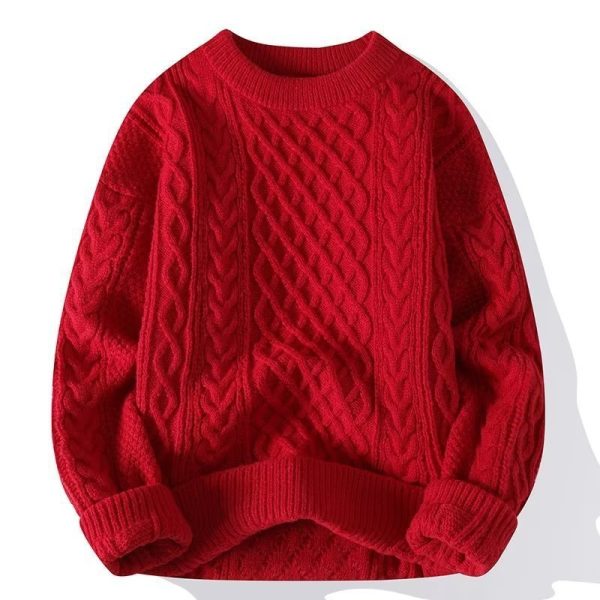 Soft and cozy men's sweater autumn and winter trendy brand twisted knit sweater round neck warm inner layer loose knitwear for teenagers and men - red