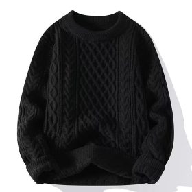 Soft and cozy men's sweater autumn and winter trendy brand twisted knit sweater round neck warm inner layer loose knitwear for teenagers and men -black - Image 1