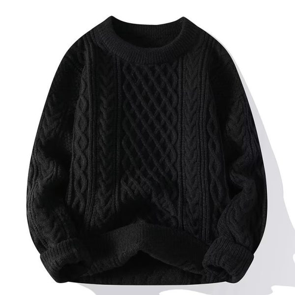 Soft and cozy men's sweater autumn and winter trendy brand twisted knit sweater round neck warm inner layer loose knitwear for teenagers and men -black
