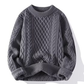 Soft and cozy men's sweater autumn and winter trendy brand twisted knit sweater round neck warm inner layer loose knitwear for teenagers and men - GREY - Image 1