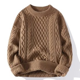 Soft and cozy men's sweater autumn and winter trendy brand twisted knit sweater round neck warm inner layer loose knitwear for teenagers and men - khaki - Image 1