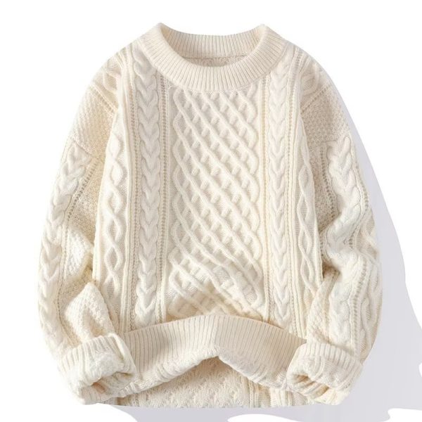 Soft and cozy men's sweater autumn and winter trendy brand twisted knit sweater round neck warm inner layer loose knitwear for teenagers and men - apricot