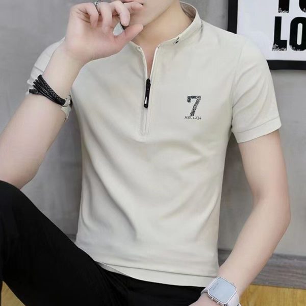 Men's short-sleeved T-shirt summer polo shirt stylish stand-up collar trendy youth - apricot