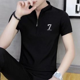 Men's short-sleeved T-shirt summer polo shirt stylish stand-up collar trendy youth - black