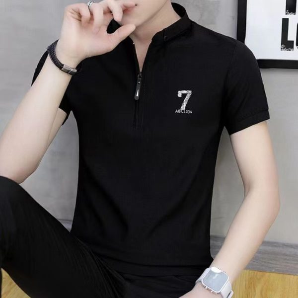Men's short-sleeved T-shirt summer polo shirt stylish stand-up collar trendy youth - black