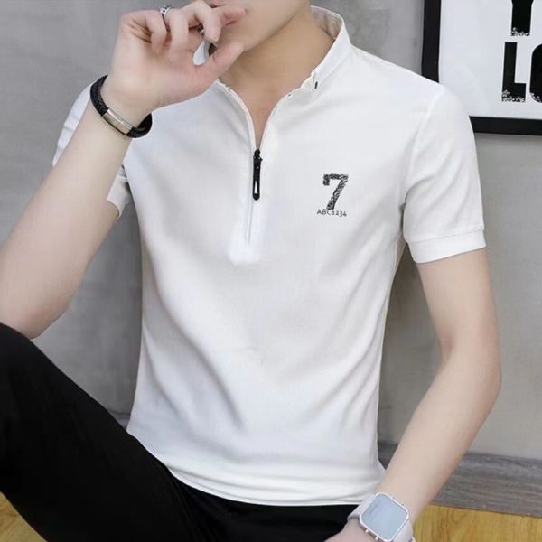 Men's short-sleeved T-shirt summer polo shirt stylish stand-up collar trendy youth - white