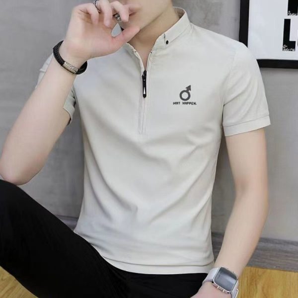 Men's short-sleeved T-shirt summer polo shirt stylish stand-up collar trendy youth - 8002 khaki
