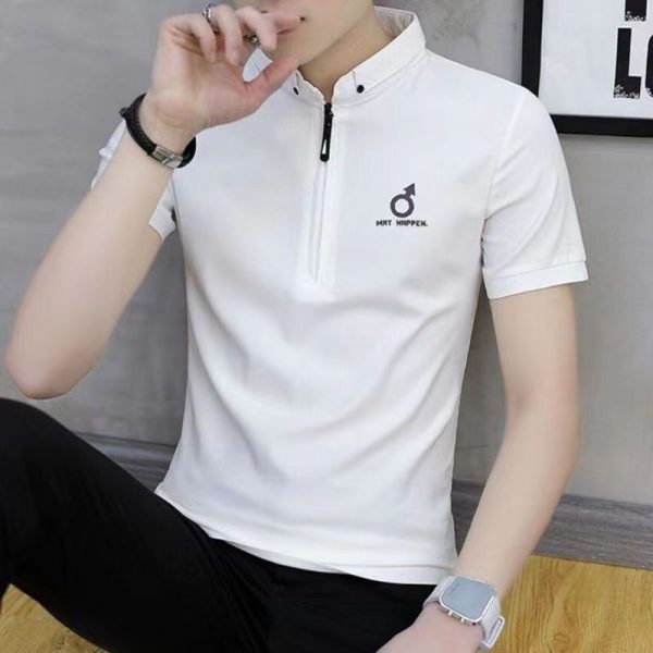 Men's short-sleeved T-shirt summer polo shirt stylish stand-up collar trendy youth - 8002 White
