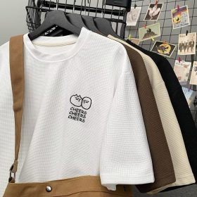 Waffle-knit ice silk short-sleeved new summer trendy brand clothing loose fit American style heavyweight t-shirt - apricot - Image 3