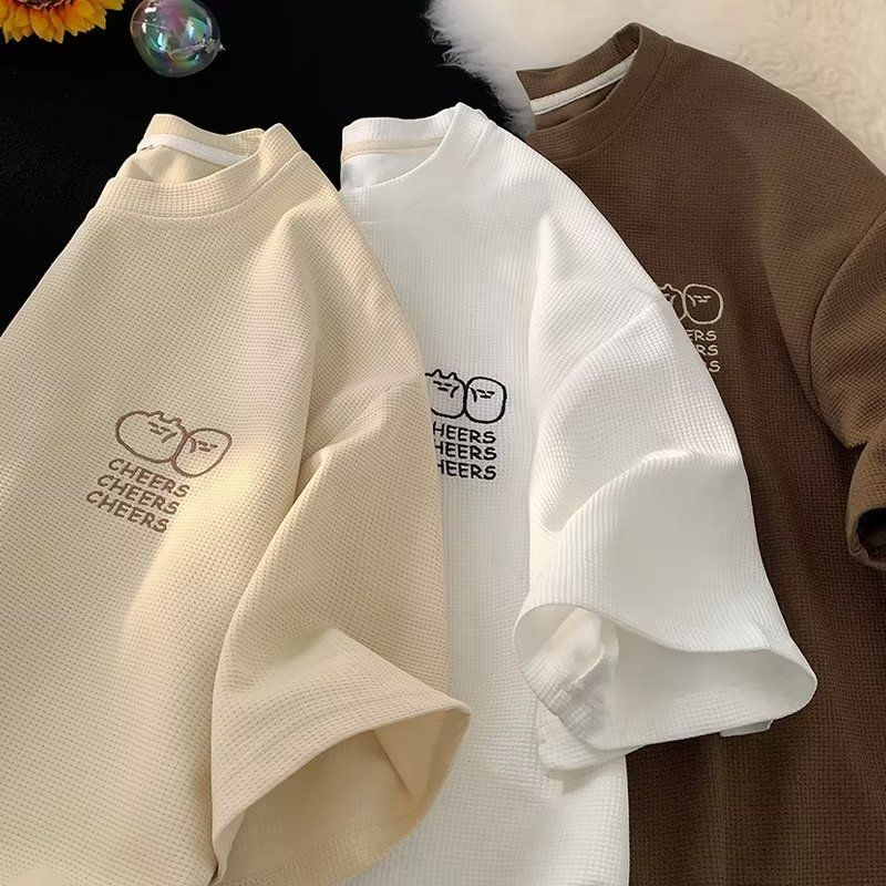 Waffle-knit ice silk short-sleeved new summer trendy brand clothing loose fit American style heavyweight t-shirt - apricot - Image 2