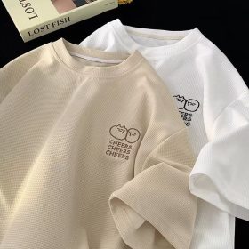 Waffle-knit ice silk short-sleeved new summer trendy brand clothing loose fit American style heavyweight t-shirt - apricot - Image 4