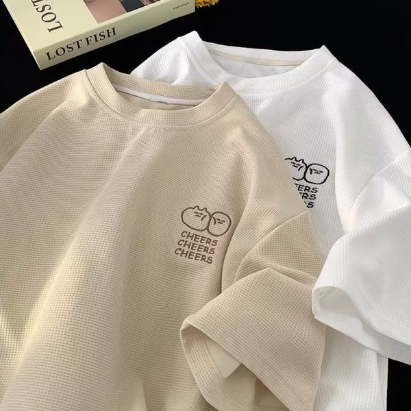 Waffle-knit ice silk short-sleeved new summer trendy brand clothing loose fit American style heavyweight t-shirt - apricot