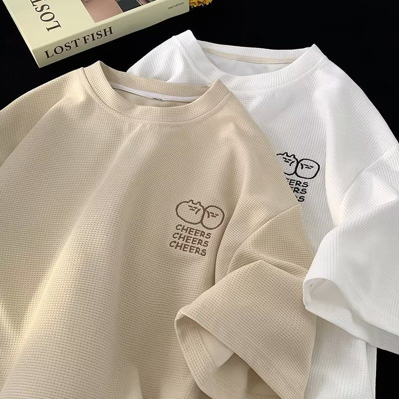 Waffle-knit ice silk short-sleeved new summer trendy brand clothing loose fit American style heavyweight t-shirt - apricot - Image 4