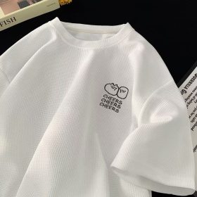 Waffle-knit ice silk short-sleeved new summer trendy brand clothing loose fit American style heavyweight t-shirt - white