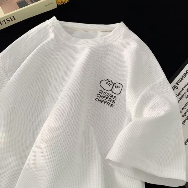 Waffle-knit ice silk short-sleeved new summer trendy brand clothing loose fit American style heavyweight t-shirt - white