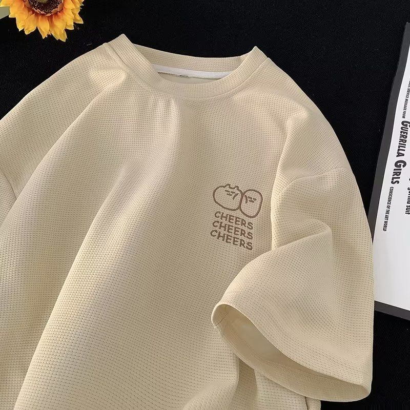 Waffle-knit ice silk short-sleeved new summer trendy brand clothing loose fit American style heavyweight t-shirt - apricot - Image 1