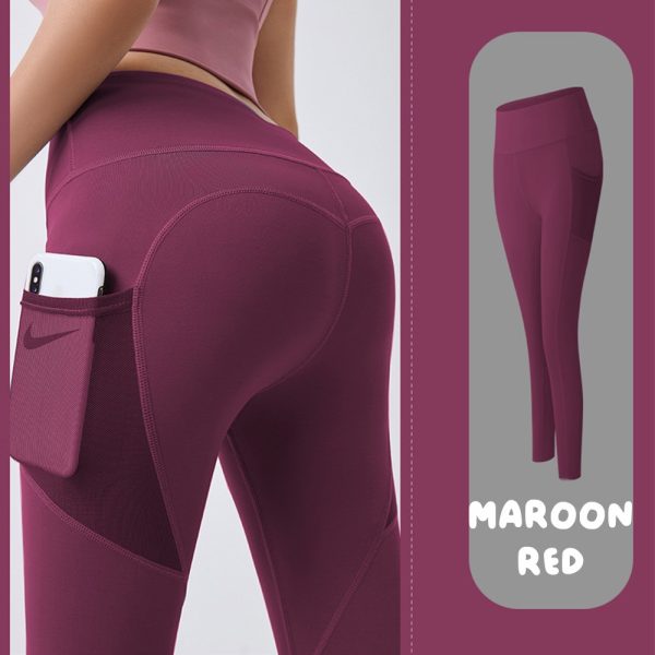 Women Yoga Pants Legging Women Sports Fitness Peach Tight Waist Hip Abdomen Stretchable Running Pants - Maroon Red