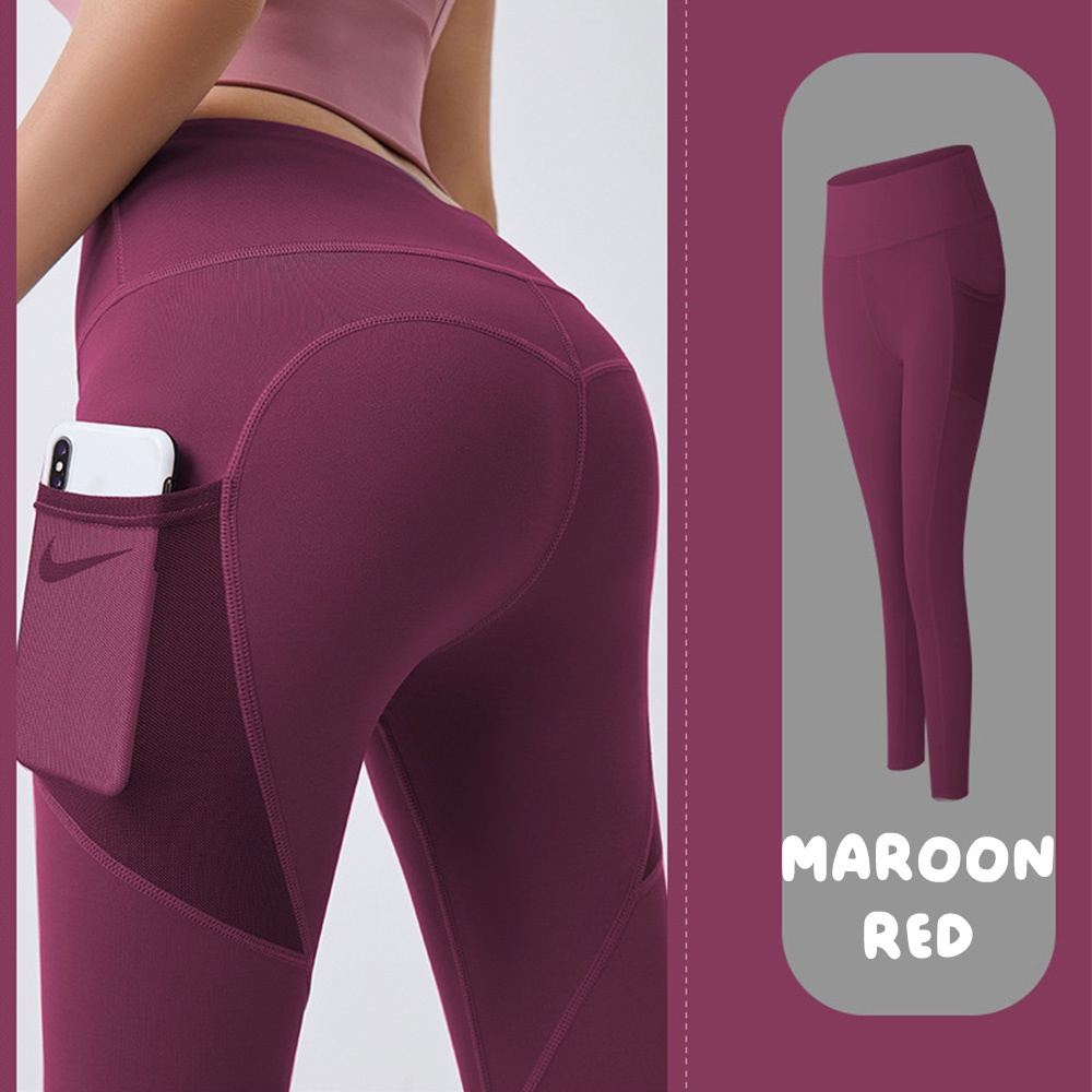 Women Yoga Pants Legging Women Sports Fitness Peach Tight Waist Hip Abdomen Stretchable Running Pants - Maroon Red - Image 1