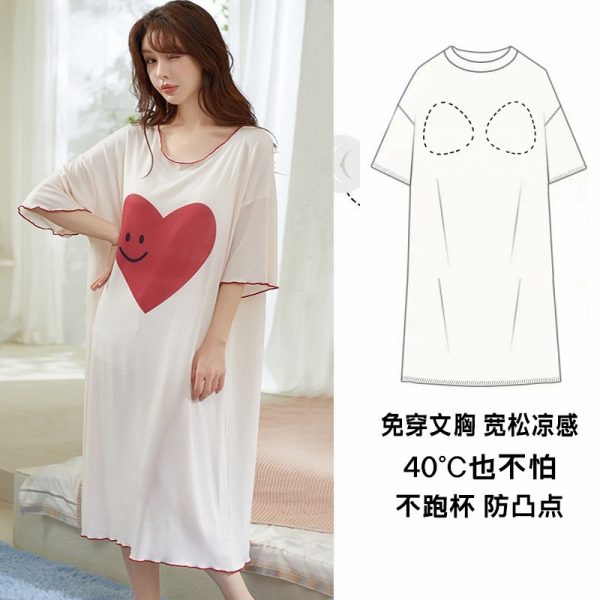 Women Short Sleeve Loose Nightdress Plus Size Bra Pad Cute Mid-Length Night Dress Sleepwear - Red Love