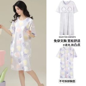 Women Short Sleeve Loose Nightdress Plus Size Bra Pad Cute Mid-Length Night Dress Sleepwear - Painting Love
