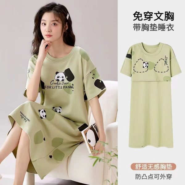 Women Short Sleeve Loose Nightdress Plus Size Bra Pad Cute Mid-Length Night Dress Sleepwear - Green Panda
