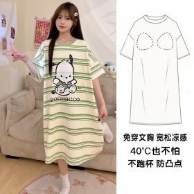 Women Short Sleeve Loose Nightdress Plus Size Bra Pad Cute Mid-Length Night Dress Sleepwear - Green Dog - Image 1