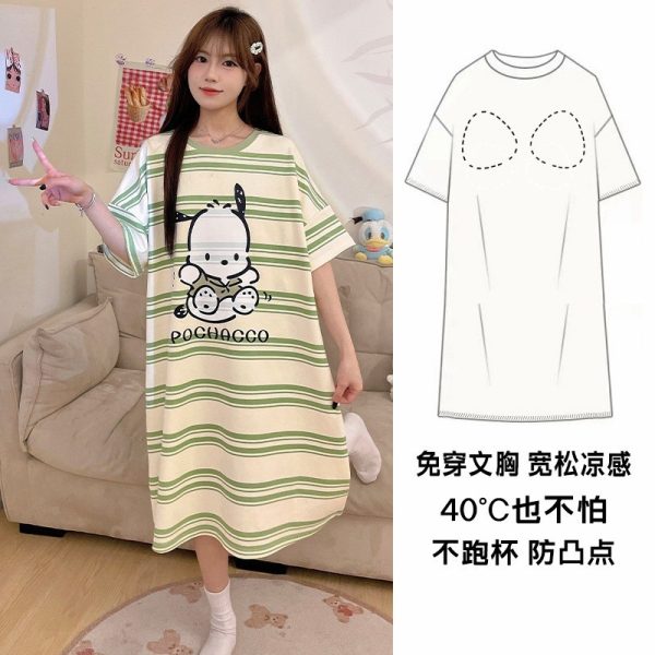 Women Short Sleeve Loose Nightdress Plus Size Bra Pad Cute Mid-Length Night Dress Sleepwear - Green Dog