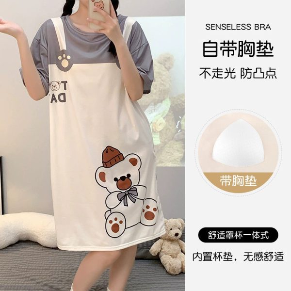Women Short Sleeve Loose Nightdress Plus Size Bra Pad Cute Mid-Length Night Dress Sleepwear - Hat Bear