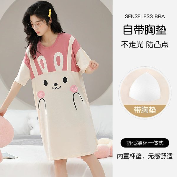 Women Short Sleeve Loose Nightdress Plus Size Bra Pad Cute Mid-Length Night Dress Sleepwear - Pink Rabbit
