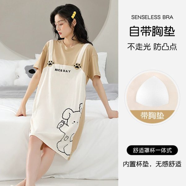 Women Short Sleeve Loose Nightdress Plus Size Bra Pad Cute Mid-Length Night Dress Sleepwear - Apricot Rabbit