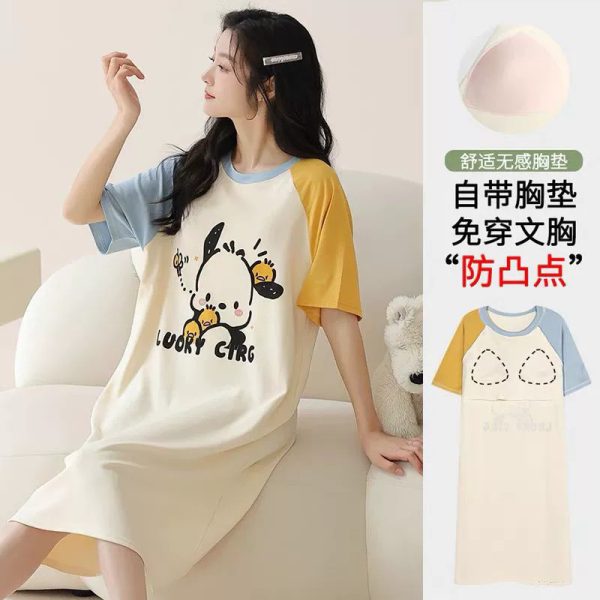 Women Short Sleeve Loose Nightdress Plus Size Bra Pad Cute Mid-Length Night Dress Sleepwear - Yellow Dog