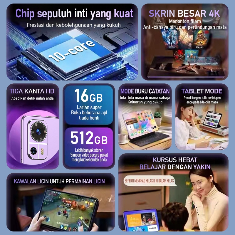 Tablet Galaxy Tab M9pro Slim Eye Protection Screen Tablet PC 10.8 Inch 16GB+1024GB Smart Android Tablet Mugla Support SIM Card Learning - Deep Purple - Image 2