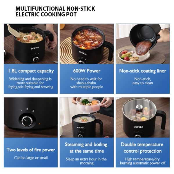 MEEVIDA 1.8L Electric Cooker Pot With Steamer Non Stick Pan Touch Multifunctional Smart Rice Cooker - Black