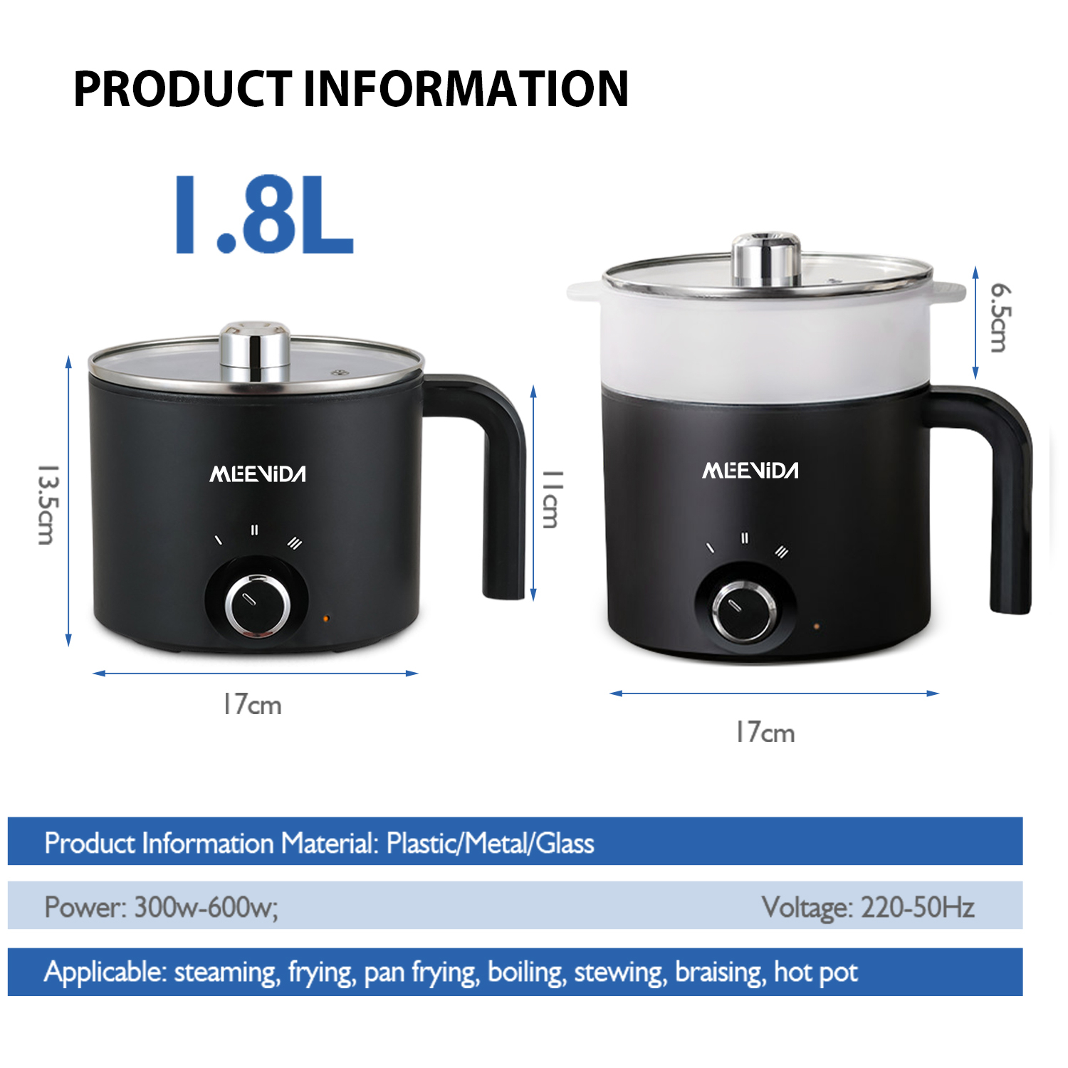 MEEVIDA 1.8L Electric Cooker Pot With Steamer Non Stick Pan Touch Multifunctional Smart Rice Cooker - Black - Image 2