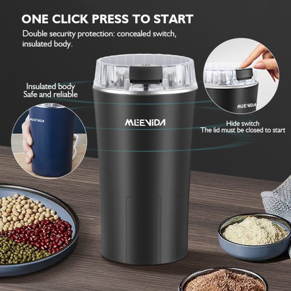 MEEVIDA 250ML Electric Grinder 304 Stainless Steel Large Capacity Coffee Bean Grinder Powder Grinding Machine - Black