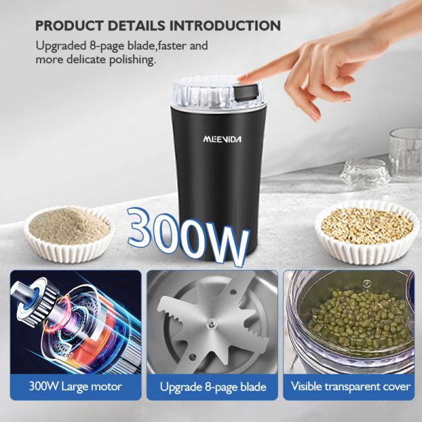 MEEVIDA 250ML Electric Grinder 304 Stainless Steel Large Capacity Coffee Bean Grinder Powder Grinding Machine - Black