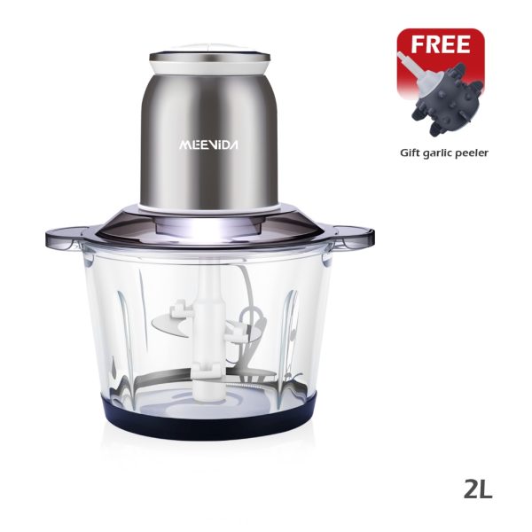 MEEVIDA 2L Electric Meat Grinder Garlic Peeling Machine Chopper Blender 304 Stainless Steel Blade