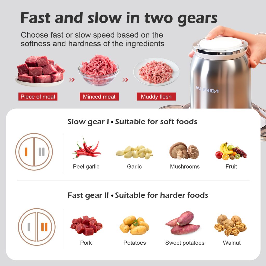 MEEVIDA 3L Electric Meat Grinder Garlic Peeling Machine Chopper Blender 304 Stainless Steel Blade