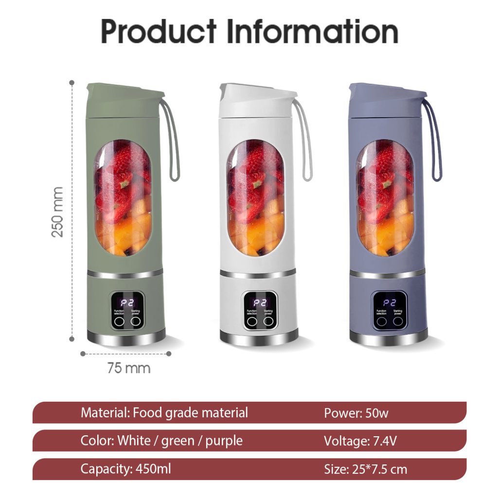 MEEVIDA 500ML Portable Juice Cup Juicer Blender 12 Blades Juice Mixer USB LCD Display Fruit Heavy Duty Juice Maker - Purple