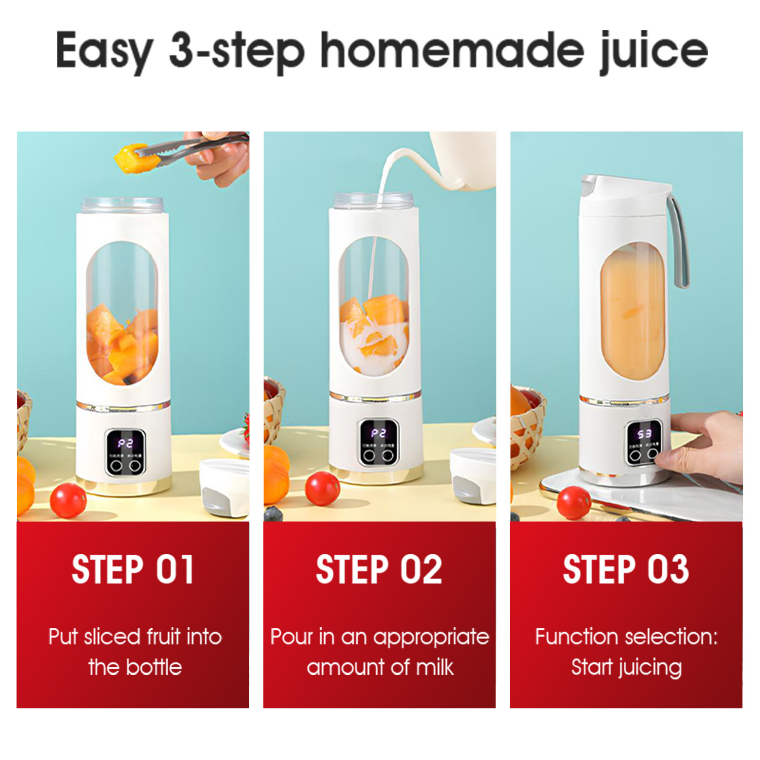 MEEVIDA 500ML Portable Juice Cup Juicer Blender 12 Blades Juice Mixer USB LCD Display Fruit Heavy Duty Juice Maker - Purple - Image 3